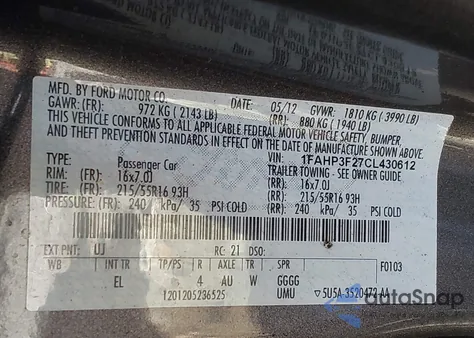 2012 Ford Focus Se z USA, uszkodzony, nr VIN 1FAHP3F27CL430612